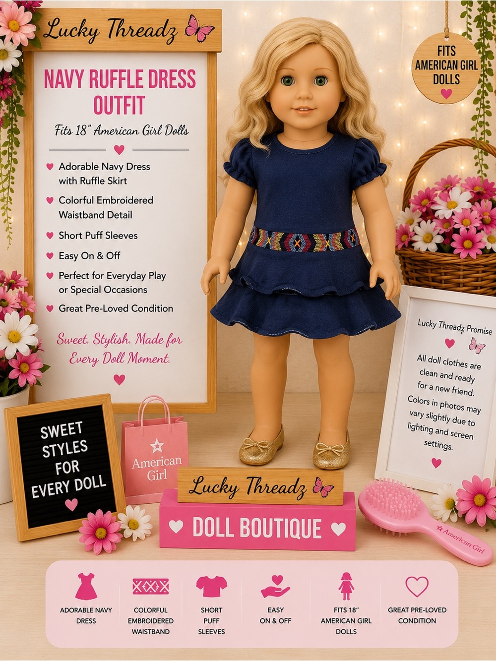 American Girl Navy Ruffle Dress with Embroidered Waistband
